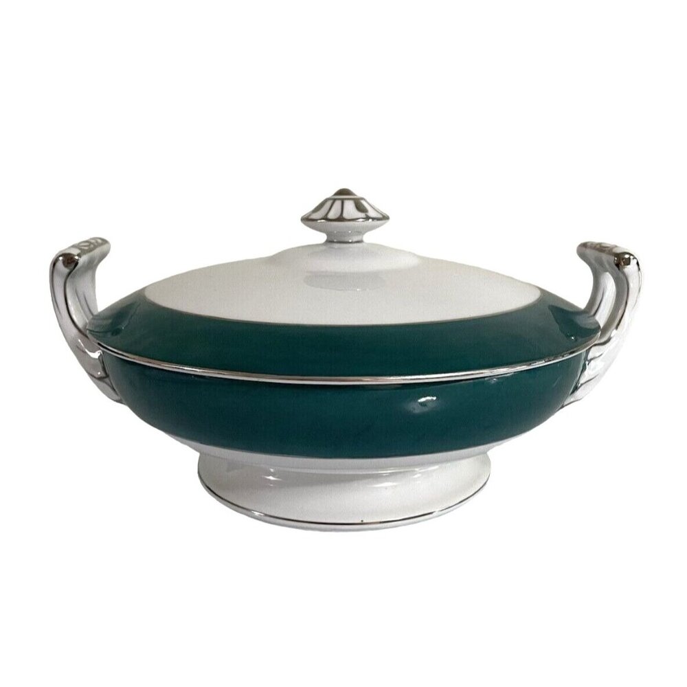 VTG Kutani Fine China White Silver Teal Trimmed Vegetable Server Curved Handles